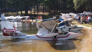 Seaplanes docked on the beach and land.