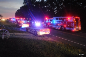 Emergency vehicles line Highway 46 this evening.