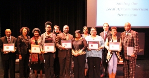 Pictured are, from left, Robert Silver Sr., Marie Robinson, Gussie Silver, LaToya Williams, Donna Clements, Roy L. Bell, Mary Bell-Lee, Belinda Brown, Carolyn Fleming Battle, Kevin Kupietz, Amanda Bailey, accepting for Milton “Wade Bailey, and HCC President Ervin V. Griffin Sr.    