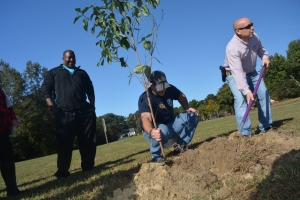 Hines, left, watches as Roanoke Rapids police Chief Chuck Hasty, middle, and Martin, finish planting the tree.